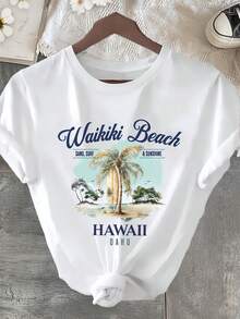 Waikiki Beach Hawaiian Surf Pattern Print| Fashionable Casual Short Sleeves,Summer Style,Round-Neck Women's T Shirt - 白色 - 查看 2