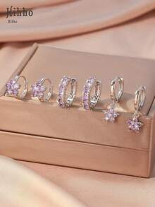 Hihho 6 Pieces Simple & Fashionable Shiny Flower Pendant Earring Set With Full Zirconia Inlay - Luxury Jewelry Ear Accessories Gift Valentines,Mom,Mother,Mother's Day,Gift - Xanh ngọc lam - Xem 3