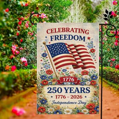 1 pieza, Bandera de jardín del 250 aniversario de EE. UU., Flores 1776-2026 Decoración del patio, América 250 años de libertad Bandera exterior, Letrero de celebración patriótica, 12x18 pulgadas, Perfecto para la decoración del patio y las celebraciones, Hogar y escena, Asta de bandera no incluida