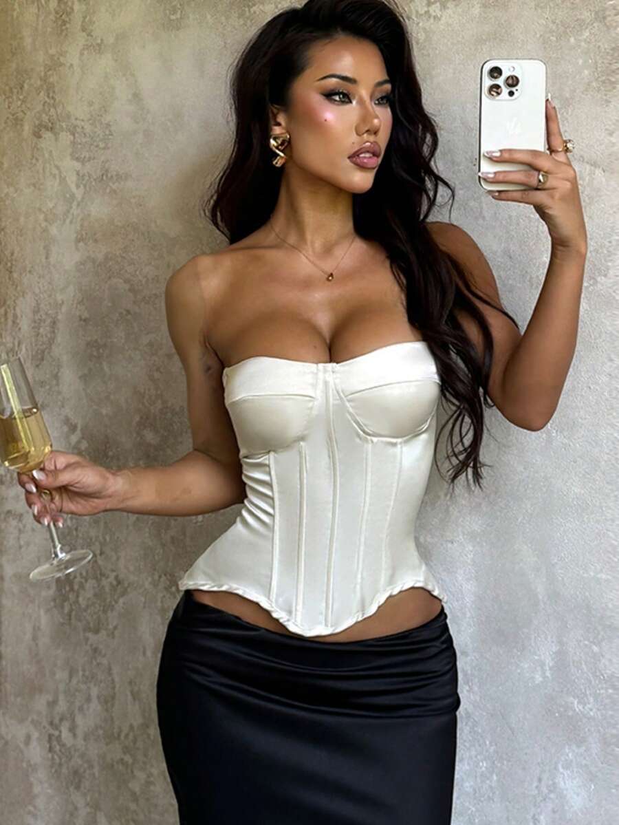 Camiseta sin espalda casual de satén con cintura ceñida para mujer, chaleco sexy para vacaciones, playa, primavera y verano en color blanco - Blanco - Ver 1