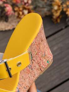 Summer New Vacation Style Buckle Decor White Women Platform Wedge Sandals, Thick Sole Open Toe Casual Slippers,Travel Essential - Yellow - View 12