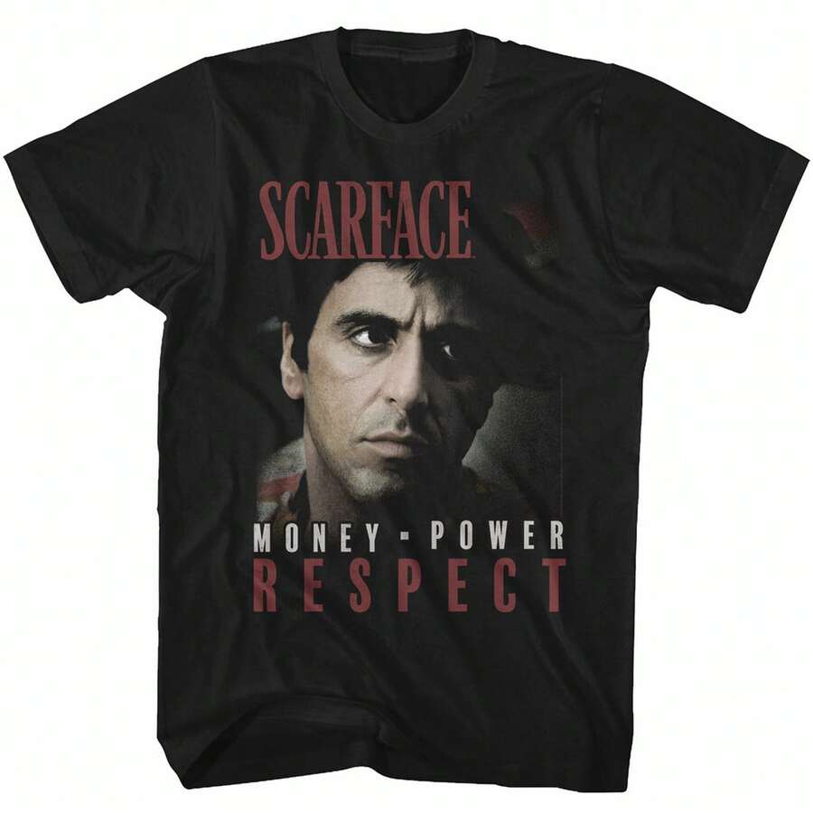 Scar Face Mopower Black Adult T-Shirt High Quality 100% Cotton Short Sleeve Tee, Vintage Movie Print, Fashion Casual Crew Neck Top, Soft And Lightweight, Street Style Hip Hop Clothing, Perfect Gift For Movie Fans - Black - View 1