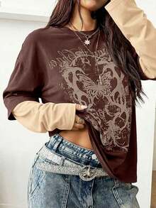 TopstopsCoolane Women's & Men's Spring/Summer Couple Same Style Streetwear Goth Grunge Punk Casual Vintage  Cotton Graphics Comfortable Round Neck Patchwork Brown And Beige Oversized Long Sleeve  T-ShirtLoose And Comfortablesummer Topssummer Tops - 黑色 - 查看 10