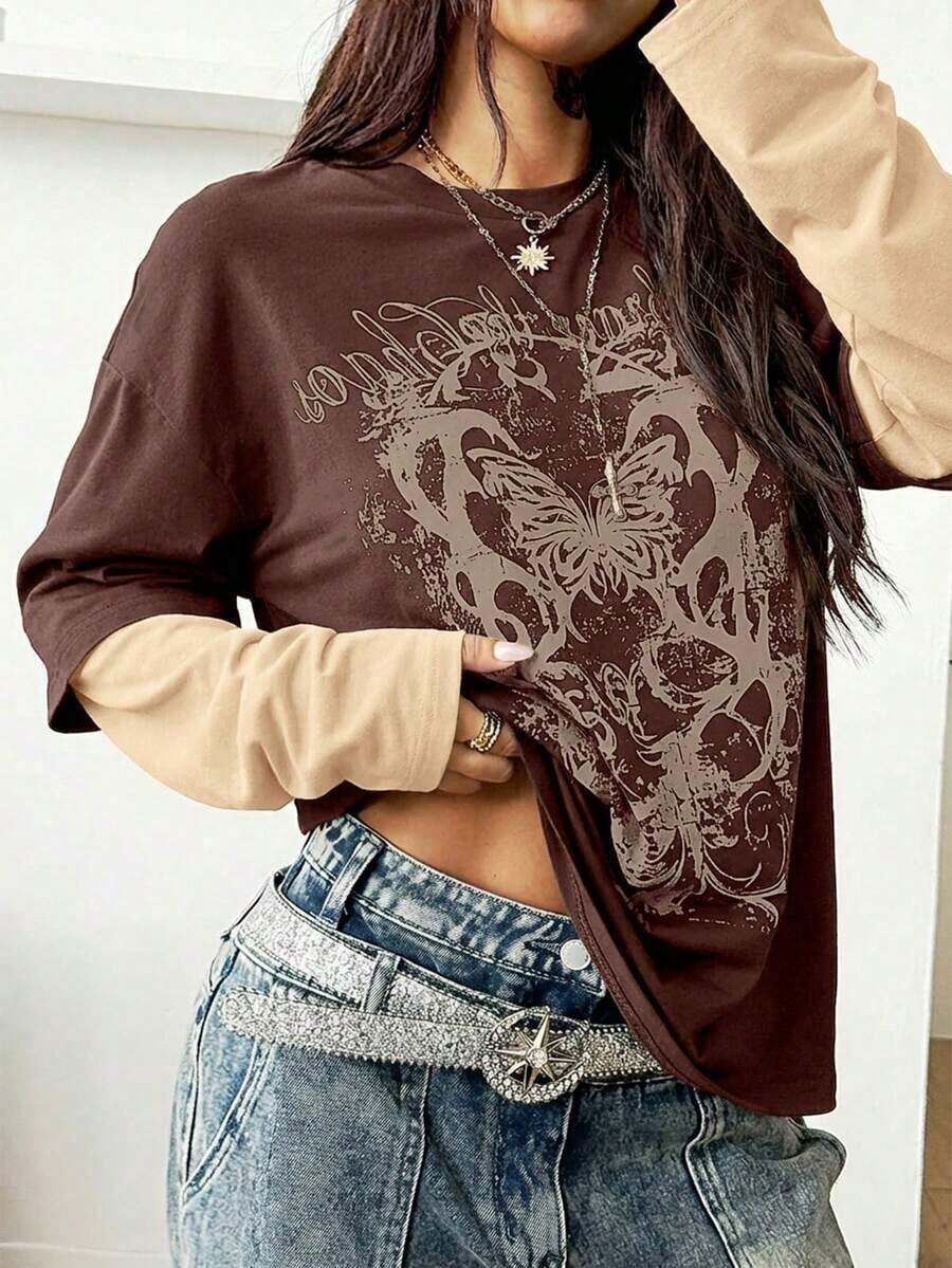 TopstopsCoolane Women's & Men's Spring/Summer Couple Same Style Streetwear Goth Grunge Punk Casual Vintage Cotton Graphics Comfortable Round Neck Patchwork Brown And Beige Oversized Long Sleeve T-ShirtLoose And Comfortablesummer Topssummer Tops - Màu be - Xem 1