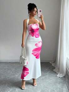Vestido midi estampado de verano 2025 para mujer, con cuello halter y cintura ajustada. - Blanco - Ver 6