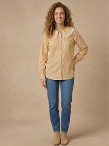Women's Shirt With Ruff Collar/ Embroidered Detail/ Front Buttons/ Long Sleeves/ Classic Fashion S2192 2 In 1 Office - Albaricoque - Ver 3