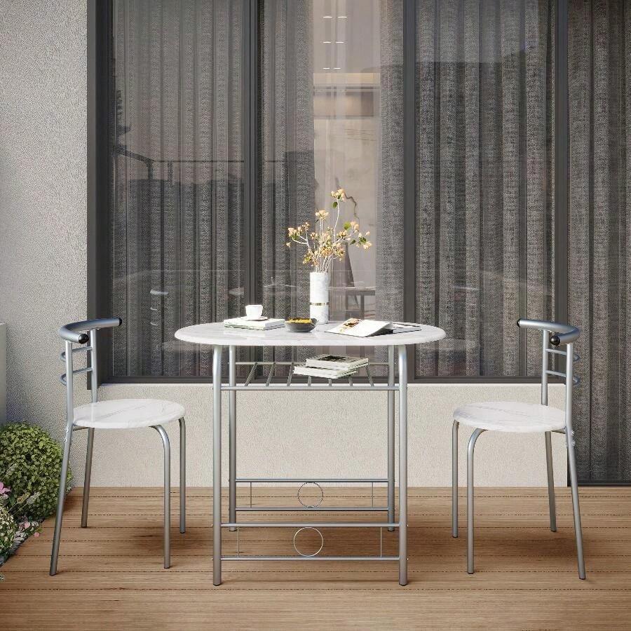 Costoffs 3 Piece Dining Table Set Modern Kitchen Table Set Space Saving Table And 2 Chairs Set With Steel Legs/Storage Rack For Kitchens/Balconies/Bedrooms/Apartments/Cafés, Natural/Drift Brown/White - White - View 1