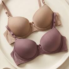 Set Of 2 Basic Smooth Padded Bras, Everyday Bras, Classic Bras, Underwire Bras, 2 Pieces, Lingerie, Intimate Apparel, Women's Bras - 彩色 - 查看 1