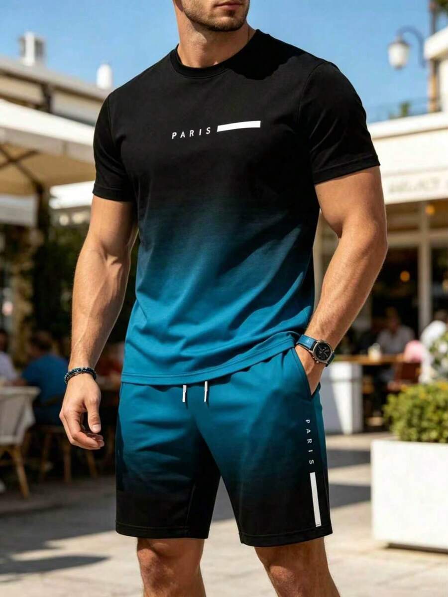 Set de 2 piezas Camiseta y pantalones cortos degradados para hombre, camiseta de cuello redondo de manga corta con estampado "PARÍS" emparejada con pantalones cortos con bolsillo con cordón, conjunto casual y elegante, adecuado para uso al aire libre en verano, 100% poliéster