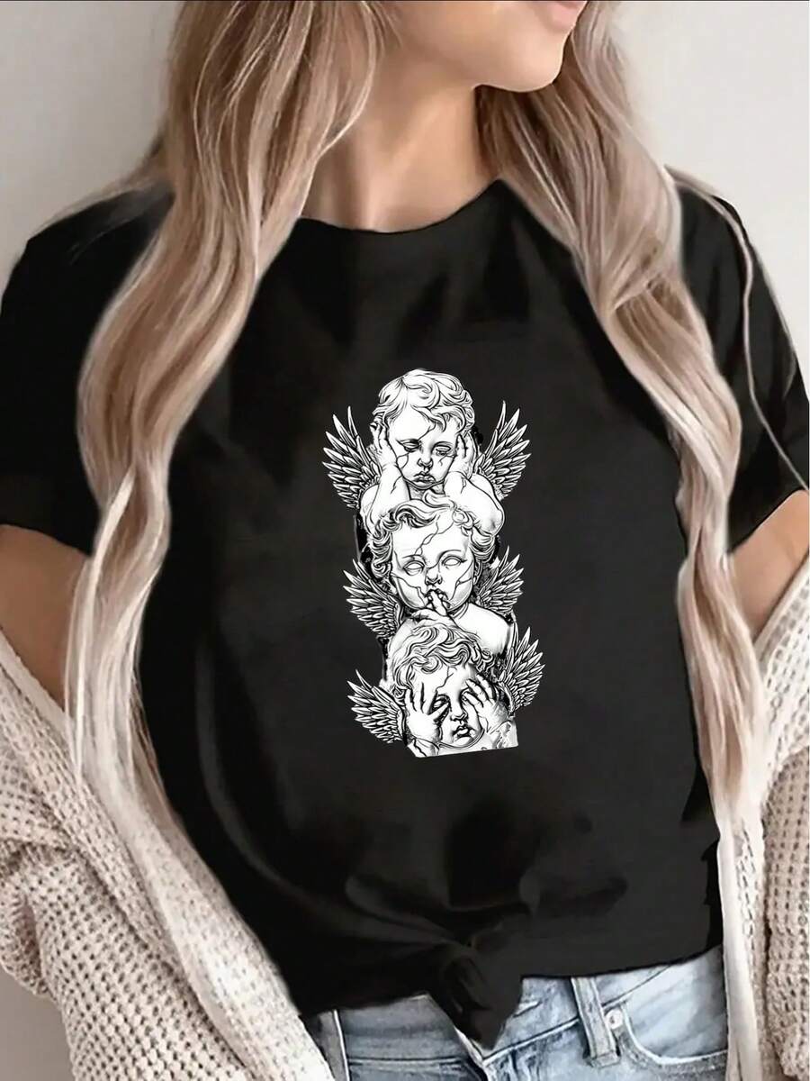 Pure Cotton Short-Sleeved T-Shirt With 2026 Angel Print, Lightweight And Durable, Suitable For Home, Cafes Or Casual Outdoor Wear. - 黑色 - 查看 1