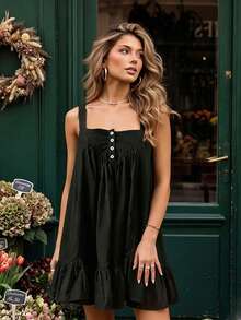 Vestido lencero para mujer, vestido corto de verano holgado, sin mangas, plisado y con volantes. - Negro - Ver 4