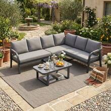 Garden Furniture Set, Corner Configuration, Seats Up To 6 People, Woven Armrests And Backrests, Galvanized Steel Tubes, Includes Corner Sofa And Coffee Table, Color: Grey - Grey - View 3