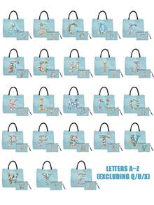 1個極簡字母印花亞麻托特包，情人節送女友禮物，多功能便攜手提包，適合教師 - 彩色 - 查看 2