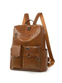 LECEY 1pc Fashionable Minimalist Patchwork Design Large Capacity Women Backpack, Suitable For Outdoor Travel And Daily Use - Brown - View 4