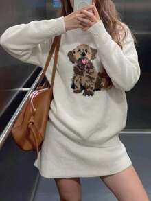 Autumn Women's Cream-Colored Dog Pattern Sweater, Suitable For Campus, Back To School Events, Cute Top, Y2K Streetwear Retro Style, Teacher - Multicolor - View 1