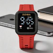 ZOEA Men's LED Touchscreen Watch, Waterproof Silicone Strap, Sporty And Casual Design - Red With Black Shell - View 1