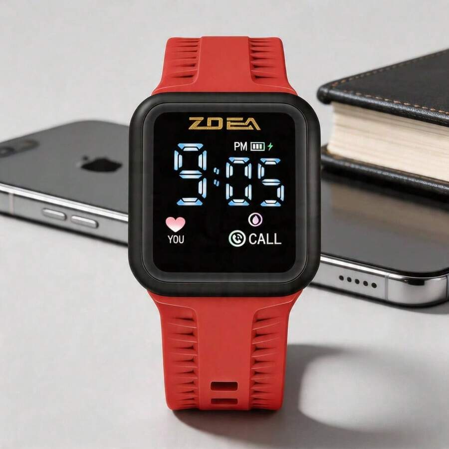 ZOEA Men's LED Touchscreen Watch, Waterproof Silicone Strap, Sporty And Casual Design - Red With Black Shell - View 1