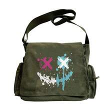 军绿色涂鸦笑脸帆布斜挎包，Abby 风格图案印花大容量学生/通勤信使包 - 彩色 - 查看 3