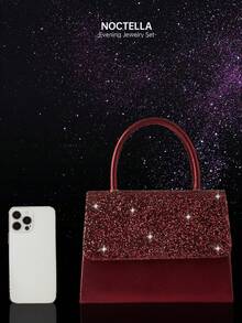 Noctella 闪亮四件套水钻首饰套装，包括吊坠项链、耳环和手链，搭配奢华闪亮亮片晚宴包/派对包，新款时尚翻盖手提包，适合派对女孩、新娘、节日礼物、婚礼手拿包、派对包，完美搭配节日派对礼服、晚礼服和亮片连衣裙。 - 酒紅色 - 查看 9