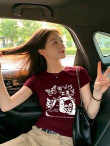 酒红色修身圆领短袖T恤，女士夏季美式性感独特百搭复古休闲上衣 - 酒紅色-1 - 查看 4