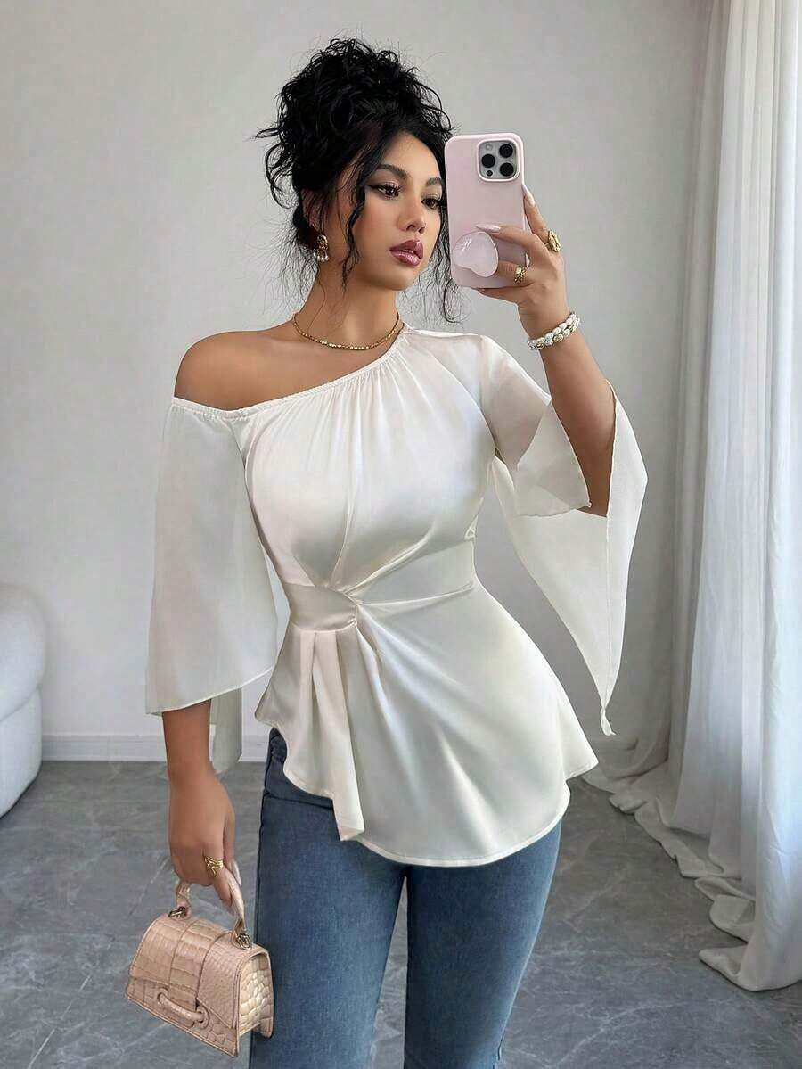 Blusa elegante romántica de gasa blanca femenina, diseño de hombro descubierto asimétrico, manga larga acampana abierta fluida, cintura ajustable con cordón y bajo asimétrico de volantes.Tela ligera transpirable caída, ideal para vacaciones playeras, oficina y citas diarias. - Albaricoque - Ver 1