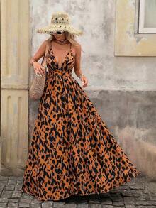Vestido sin mangas de cuello en V con estampado total para vacaciones de verano de mujer - Óxido marrón - Ver 1