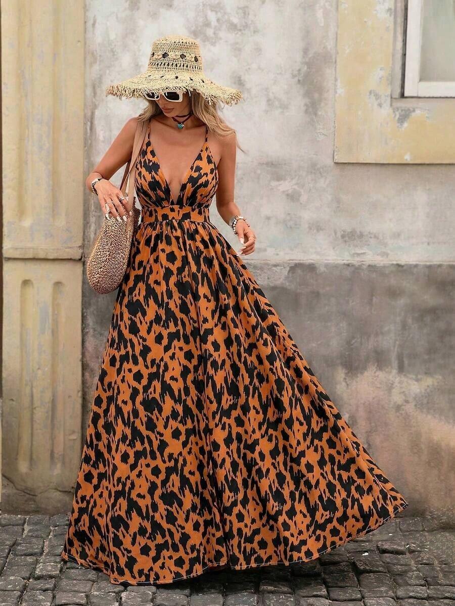 Vestido sin mangas de cuello en V con estampado total para vacaciones de verano de mujer - Óxido marrón - Ver 1