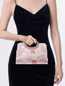 New European And American Fashion Pearl Embroidered Box Clutch Bag, Wedding/Evening Party Purse, Random Pattern - Pink - View 7