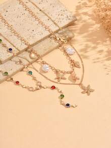 3pcs/Set Kalung Kristal Warna-warni, Kalung Liontin Makhluk Laut Mutiara Imitasi Berlapis-lapis, Dekorasi Serbaguna untuk Pemakaian Sehari-hari, Liburan, dan Fotografi. Panjang Rantai dan Warna Kristal Buatan Tangan Bervariasi Secara Acak. - MultiWarna - View 3