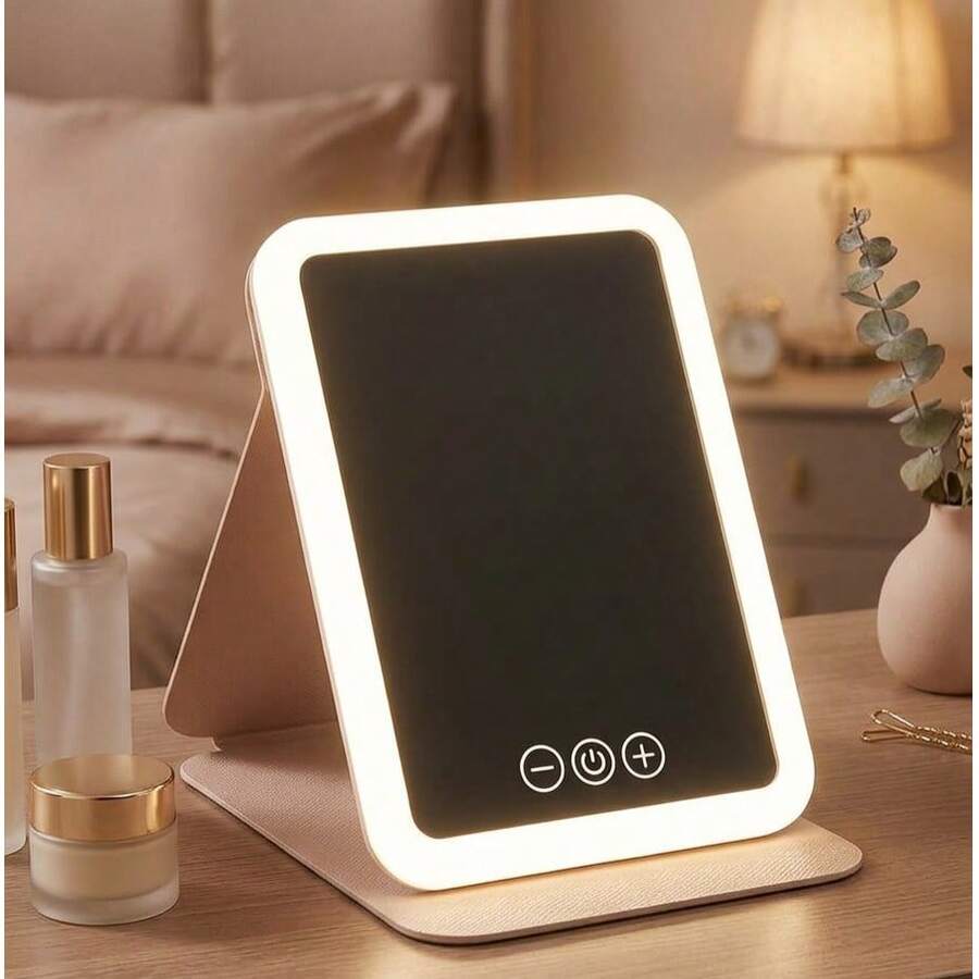Rechargeable Travel Makeup Mirror With LED Lights, Portable Lighted Vanity Mirror With 3 Color Temperatures, Touch Dimming, Foldable Tabletop LED Cosmetic Mirror