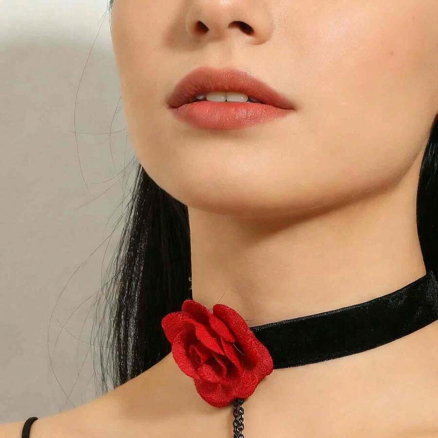 1件女士时尚花朵装饰项链 - 紅色2 - 查看 1
