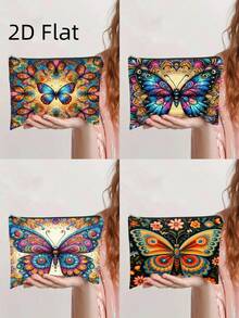 波西米亚曼陀罗蝴蝶印花化妆包，充满活力的民间艺术主题便携式拉链收纳袋 - 彩色 - 查看 1