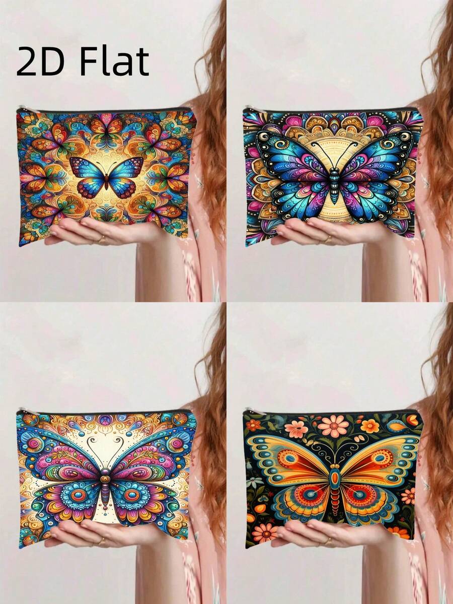 波西米亚曼陀罗蝴蝶印花化妆包，充满活力的民间艺术主题便携式拉链收纳袋 - 彩色 - 查看 1