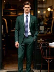 Traje slim fit de 2 piezas para hombre, blazer formal y pantalón de vestir, para negocios, bodas y fiestas - Verde Oscuro - Ver 1