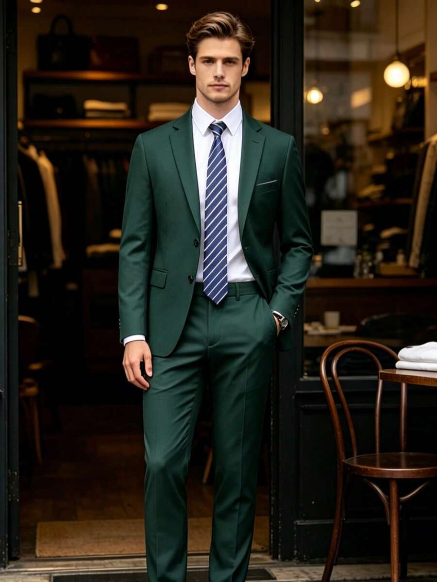 Traje slim fit de 2 piezas para hombre, blazer formal y pantalón de vestir, para negocios, bodas y fiestas - Verde Oscuro - Ver 1