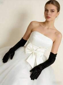 1 Pair Women's Extra Long Over Elbow Double Row Beaded Satin Silk Bridal Wedding Gloves Suitable For Apparel Matching - Black - View 2