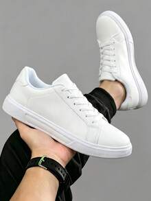 Clean White Modern Men's Sneakers, Low-Cut Skate Style With Lightweight EVA Outsole And Streamlined Silhouette - White 1 - View 3
