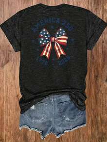 Summer New Arrival Unisex Teen American Flag 250th Anniversary Print Crew Neck Tee, Light Breathable Loose Casual Patriotic Short Sleeve Street Top - 黑色 - 查看 2