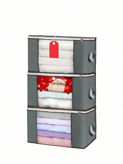 1/3pcs Foldable Clothes Storage Bag, Large Capacity Zippered Organizer Box With Transparent Window And Handle, Dust-Proof Storage Container For Clothes, Bedding, Blankets, Seasonal Wear, Closet, Bedroom, Dorm, Moving, Home Organization