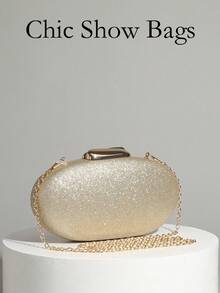 French Style Glitter Oval Clutch Bag, Niche Design Luxury Evening Box Purse For Women, Chic Party Handbag - Gold - View 4