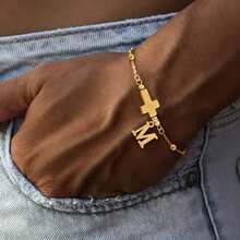 1pc New Stainless Steel Initial Cross Bead Bracelet For Men - Yellow Gold - View 1