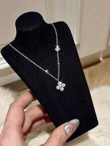 Elegant Four-Leaf Clover Necklace, Chic And Graceful Style, High-Quality Chain, Long Design, Graceful Tassel Necklace, Suitable For Women, Valentine's Day, Mother's Day Gift - 雙四葉草項鍊 - 銀色 - 查看 6
