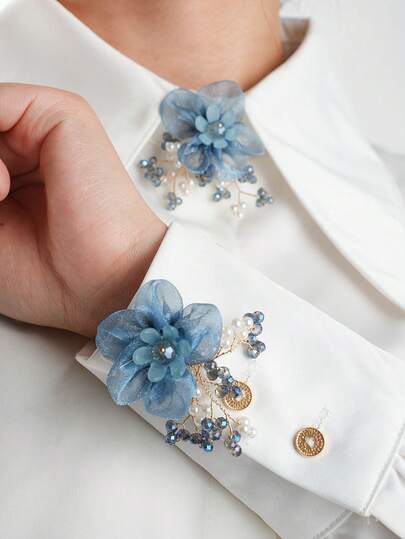 1Pc Delicate Mesh Flower Button Cover & Cufflink Alternative, Detachable Organza Floral Button Clip For Women, Beaded Tassel Shirt/Dress Button Decoration, Elegant Handmade Button Cover For Wedding, Prom, Evening Party, Bride Accessory & Thoughtful Gift