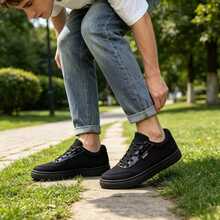 Men's Black Classic Canvas Sneakers | Lightweight Breathable Low-Top Casual Shoes | Lace-Up Comfortable Flat Shoes | Suitable For Spring/Summer Daily Wear, Street Style, Travel & Holiday, Gift - Glossy Black - View 5