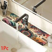 1pc Bohemian Pattern Printed Faucet Mat, Durable Polyester, Quick Drying, Easy To Clean, Suitable For Kitchen And Bathroom, Easy To Install, Daily Decor, Gift, Bathroom Mat, Durable Faucet Mat, Faucet Accessory - Multicolor - View 12