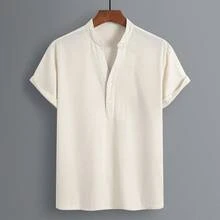 Men's Solid Color Corn Kernel Collar Half-Open V-Neck Two-Button Top, Skin-Friendly Breathable Material, Fake Placket Pocket Contrast Color Drawstring Design Shorts, Suitable For Casual, Fashion, Simple Outgoing Commuting Street Shirt Set - Multicolor - View 3