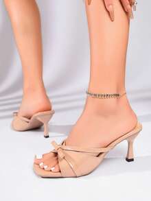 Women's Apricot Square Toe High Heel Sandals, Bowknot Criss-Cross Design Slimming Versatile Stiletto Slip-On Mules - Apricot - View 5