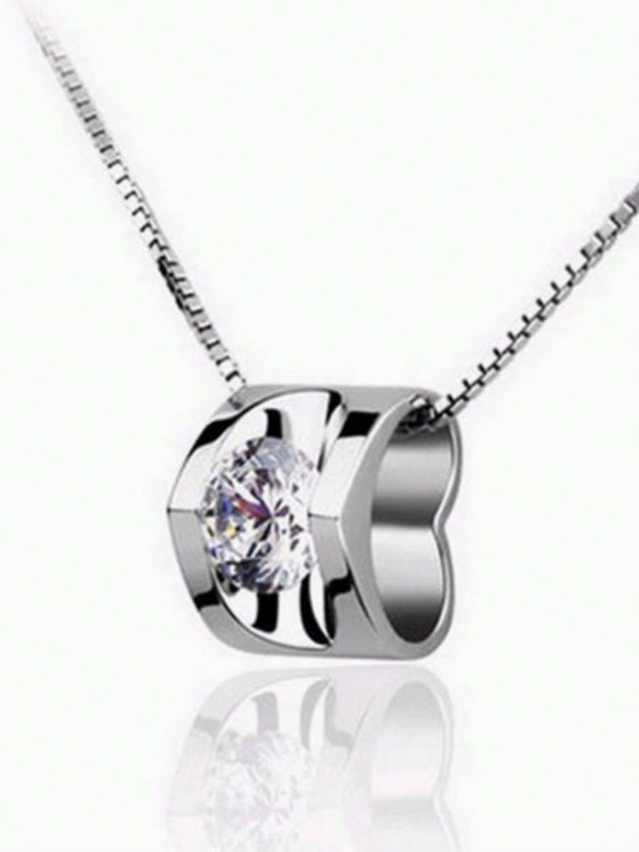 Collar con colgante con forma de corazón incrustado de circonita de plata de ley 925, adecuado para uso diario y como regalo - Blanco - Ver 1
