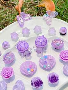 22pcs Pink DIY Detachable Shoe Charms, With Sequin Chain, Starfish Shell Water Ripple Star, Suitable For Clogs - Purple Turtle - View 5