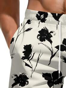 Floral Pattern Men's Beach Pants  Black And Cream Botanical Print 2026 Summer New Style Lightweight Breathable Fabric For Casual Wear And Everyday Outfits 3D Printing Soft Comfortable Material Per_pt92_01 - 混合色 - 查看 5
